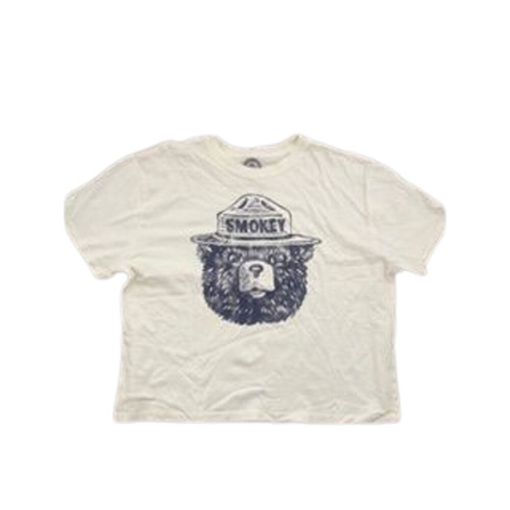 Vintage Smokey Bear White Navy Blue Graphic Cropped T-Shirt Women's Size Large